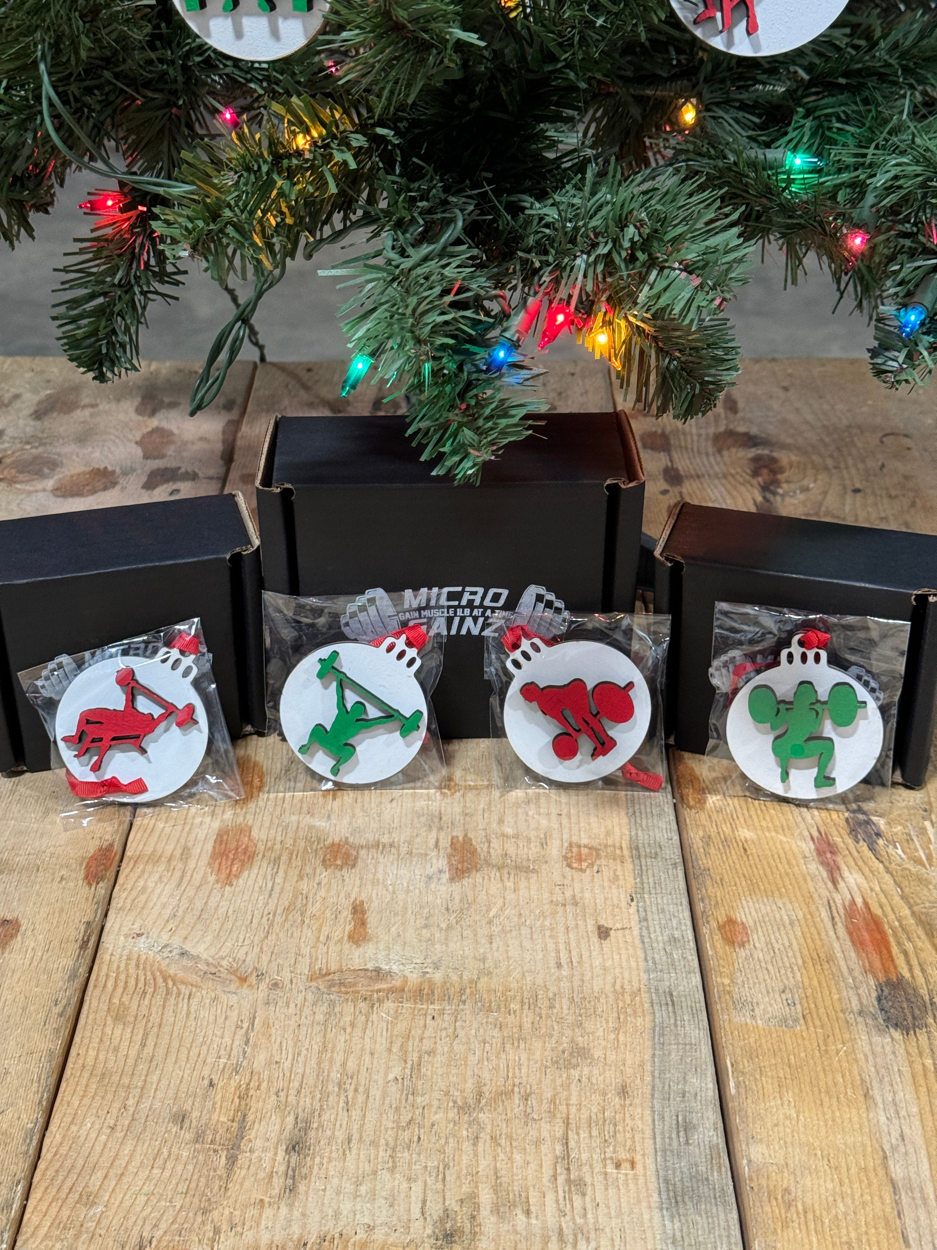 Micro Gainz Wooden Male Weightlifting Christmas Tree Ornaments 4 Pack