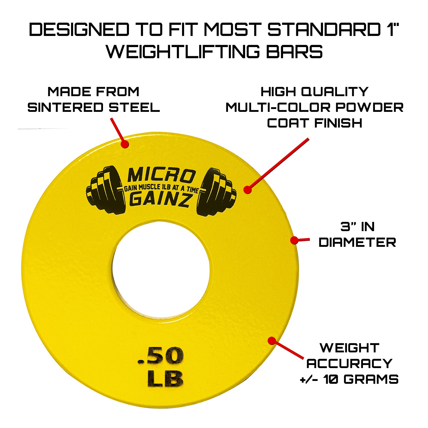 Micro Gainz Standard 1-Inch Center Hole Fractional Weight Plates Pair of Yellow .50LB Plates