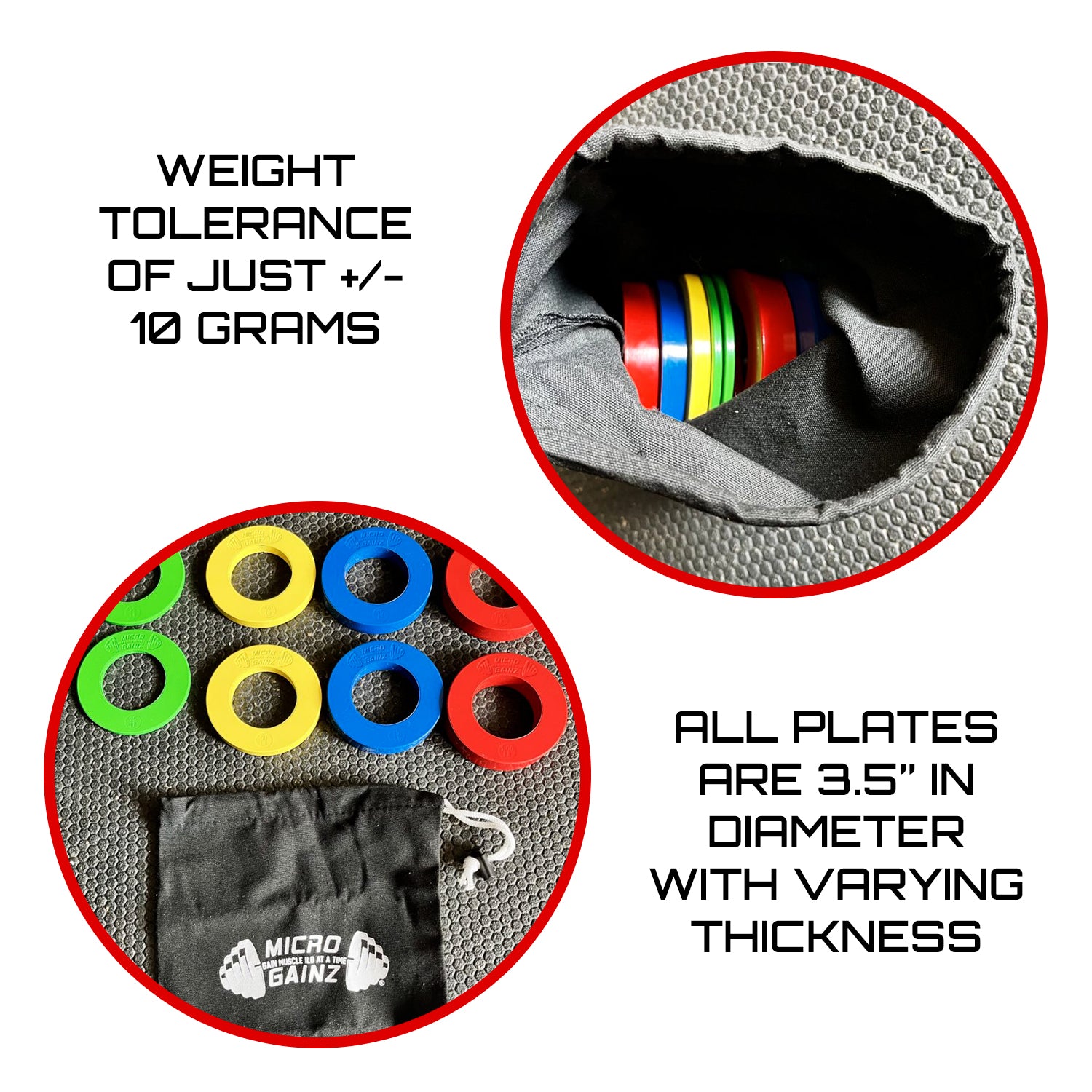 Micro Gainz Olympic Size Fractional Weight Plates Set of 8 Plates .25LB-1LB w/ Bag
