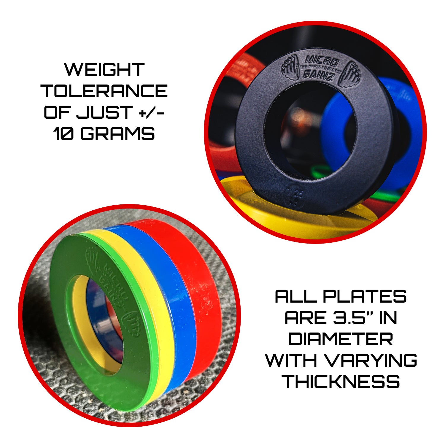 Micro Gainz Multi-Color Olympic Size Fractional Weight Plates Set of 10 Plates .25LB-1.25LB  w/ Bag