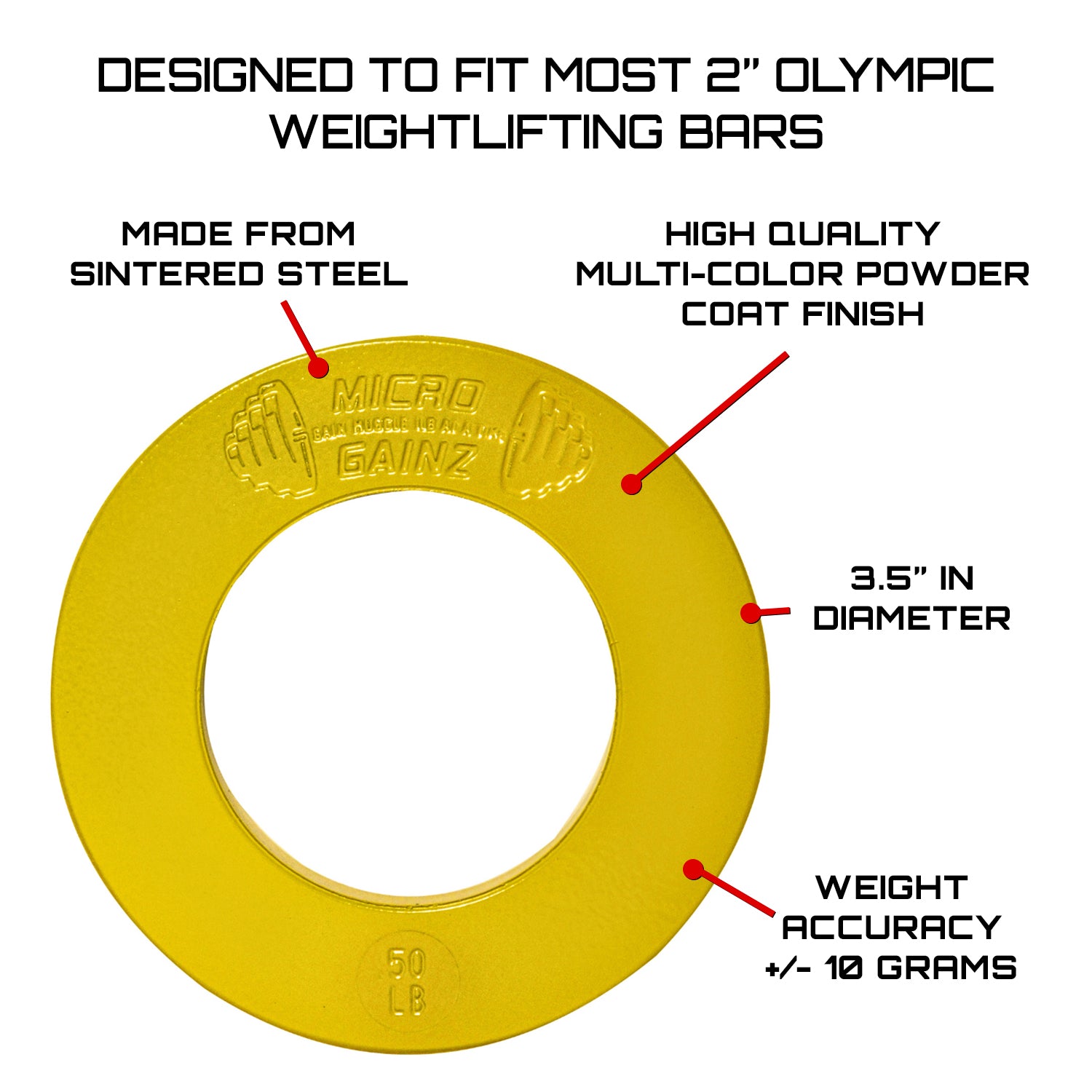 Micro Gainz Olympic Size Fractional Weight Plates Pair of Yellow .50LB Plates