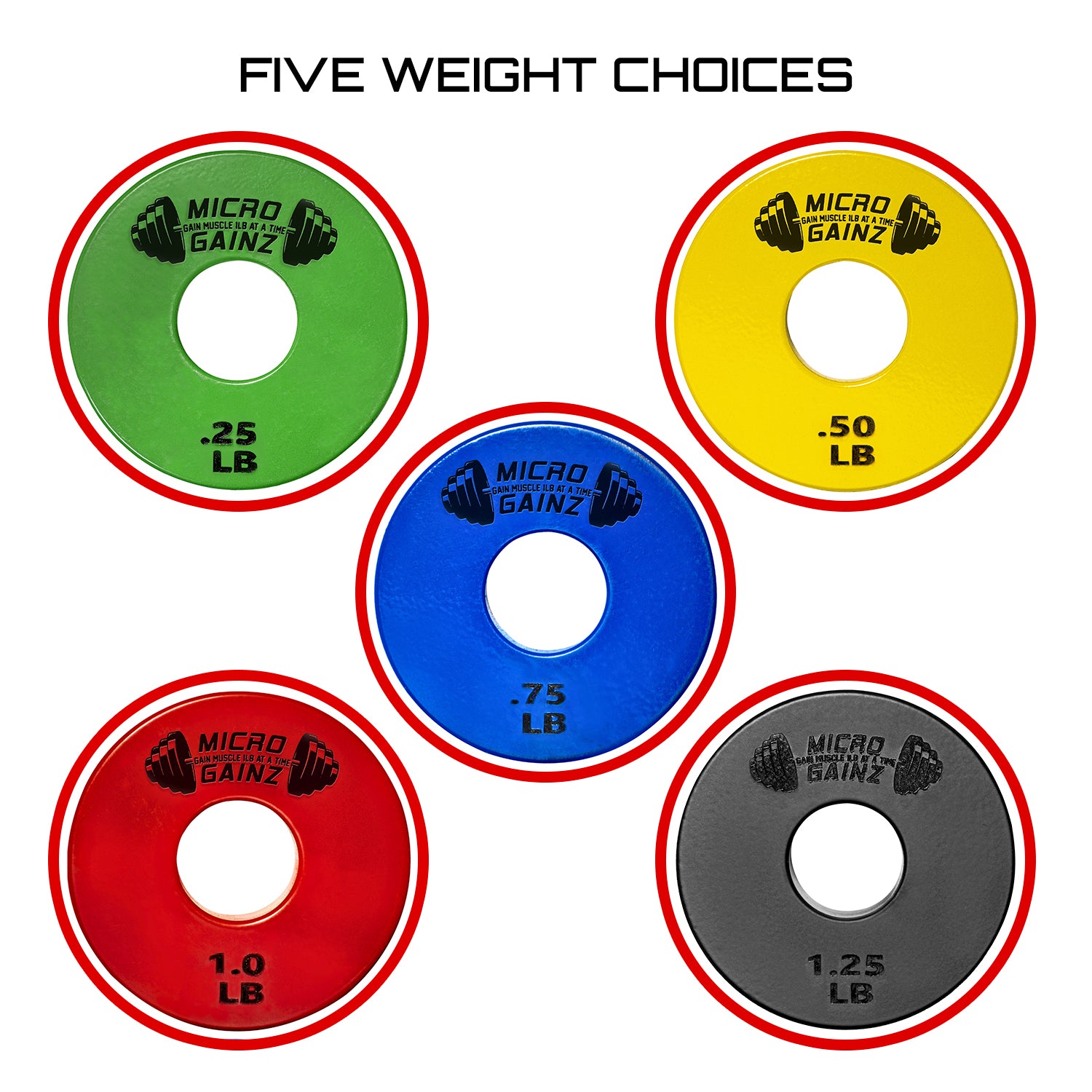 Micro Gainz Multi-Color Standard 1-Inch Center Hole Fractional Weight Plates Set of 10 Plates .25LB-1.25LB  w/ Bag