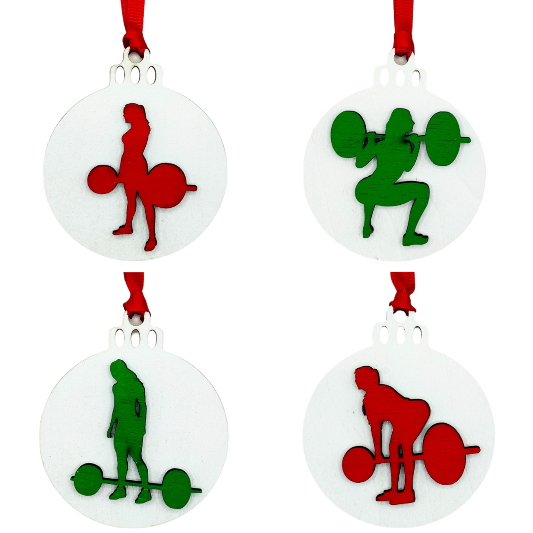 Micro Gainz Wooden Male & Female Weightlifting Christmas Tree Ornaments 4 Packs