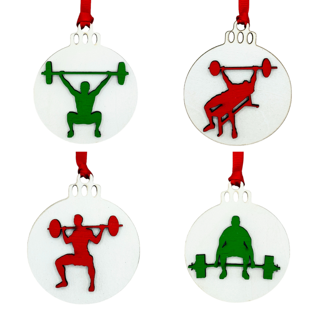 Micro Gainz Wooden Male & Female Weightlifting Christmas Tree Ornaments 4 Packs