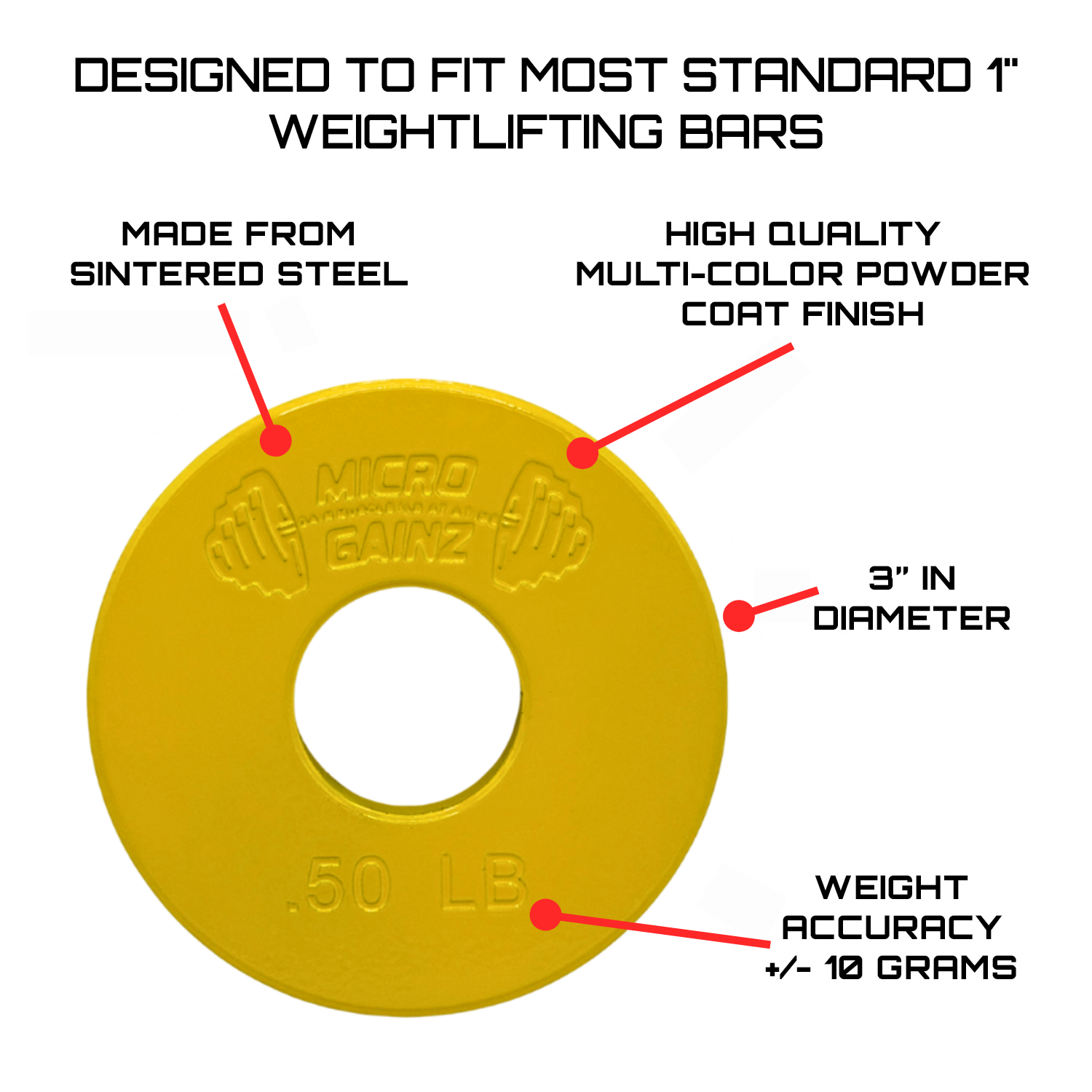 Micro Gainz Standard 1-Inch Center Hole Yellow Fractional Weight Plates Set of 8-.50LB Plates