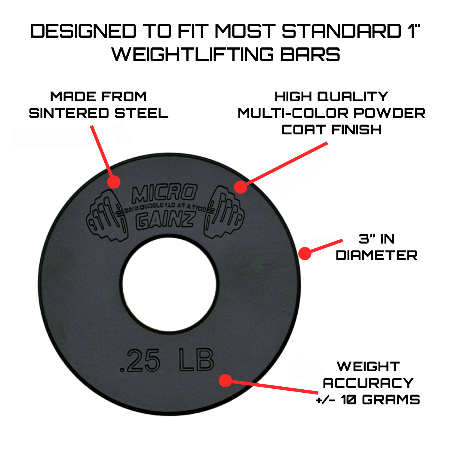 Micro Gainz Standard 1-Inch Center Hole Fractional Weight Plates Pair of .25LB Plates