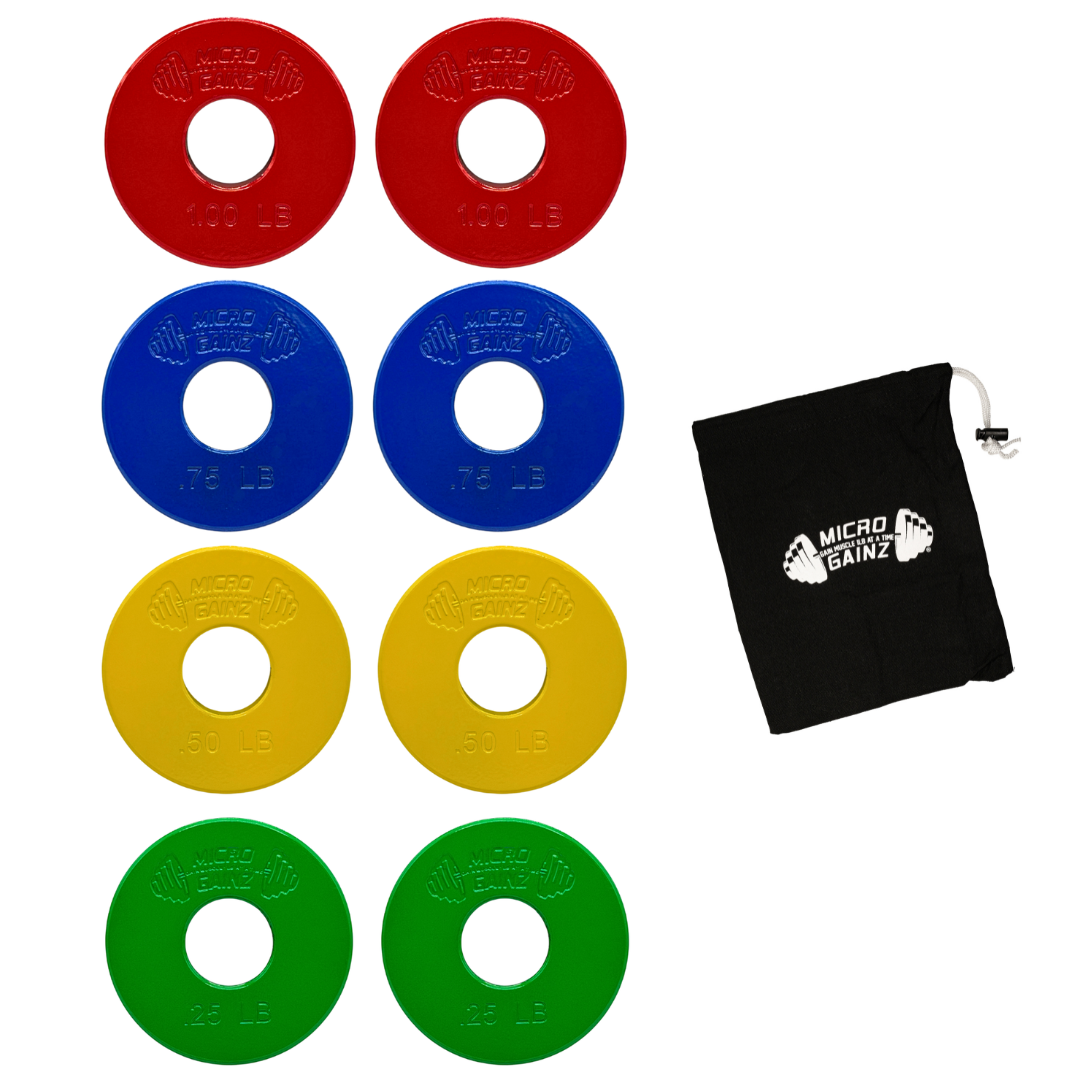 Micro Gainz Multi-Color Standard 1-Inch Center Hole Fractional Weight Plates Set of 8 Plates .25LB-1LB w/ Bag