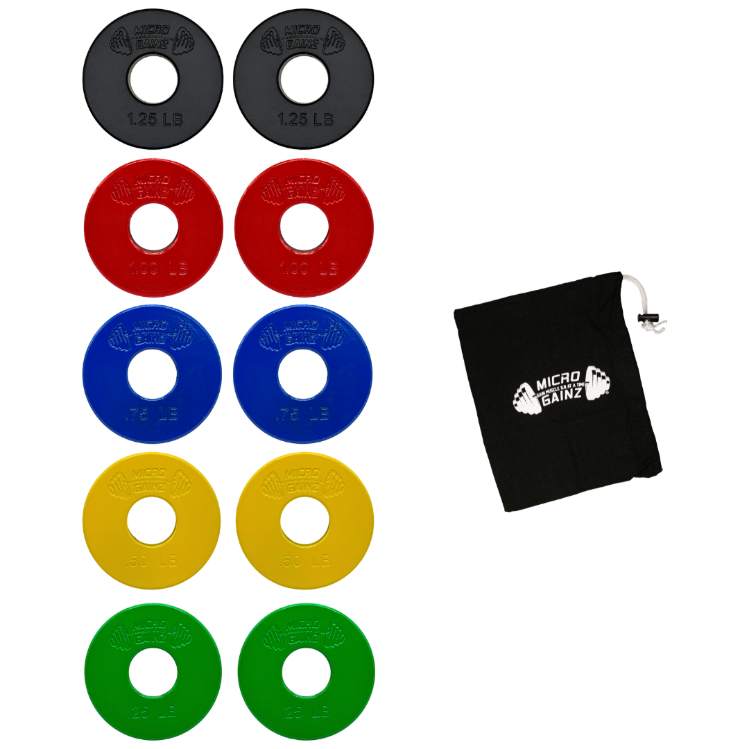 Micro Gainz Multi-Color Standard 1-Inch Center Hole Fractional Weight Plates Set of 10 Plates .25LB-1.25LB w/ Bag