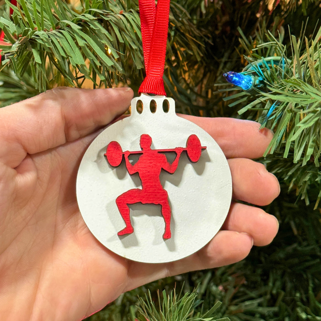 Micro Gainz Wooden Male & Female Weightlifting Christmas Tree Ornaments 4 Packs