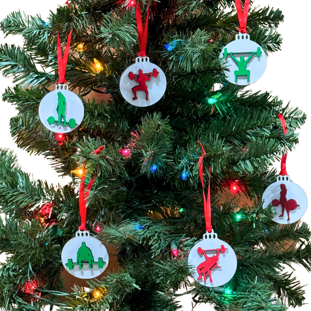Micro Gainz Wooden Male & Female Weightlifting Christmas Tree Ornaments 4 Packs