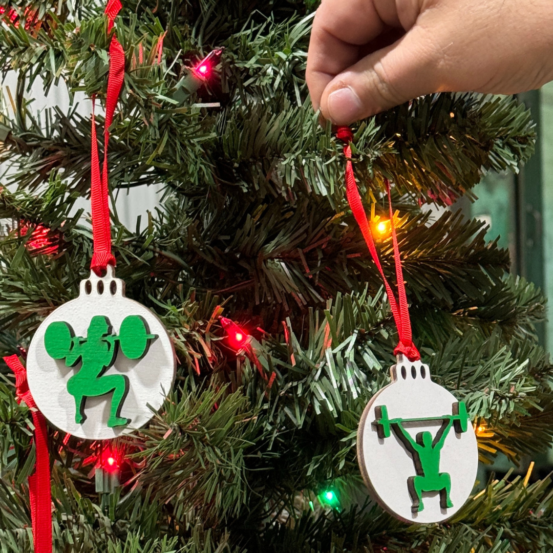 Micro Gainz Wooden Male & Female Weightlifting Christmas Tree Ornaments 4 Packs