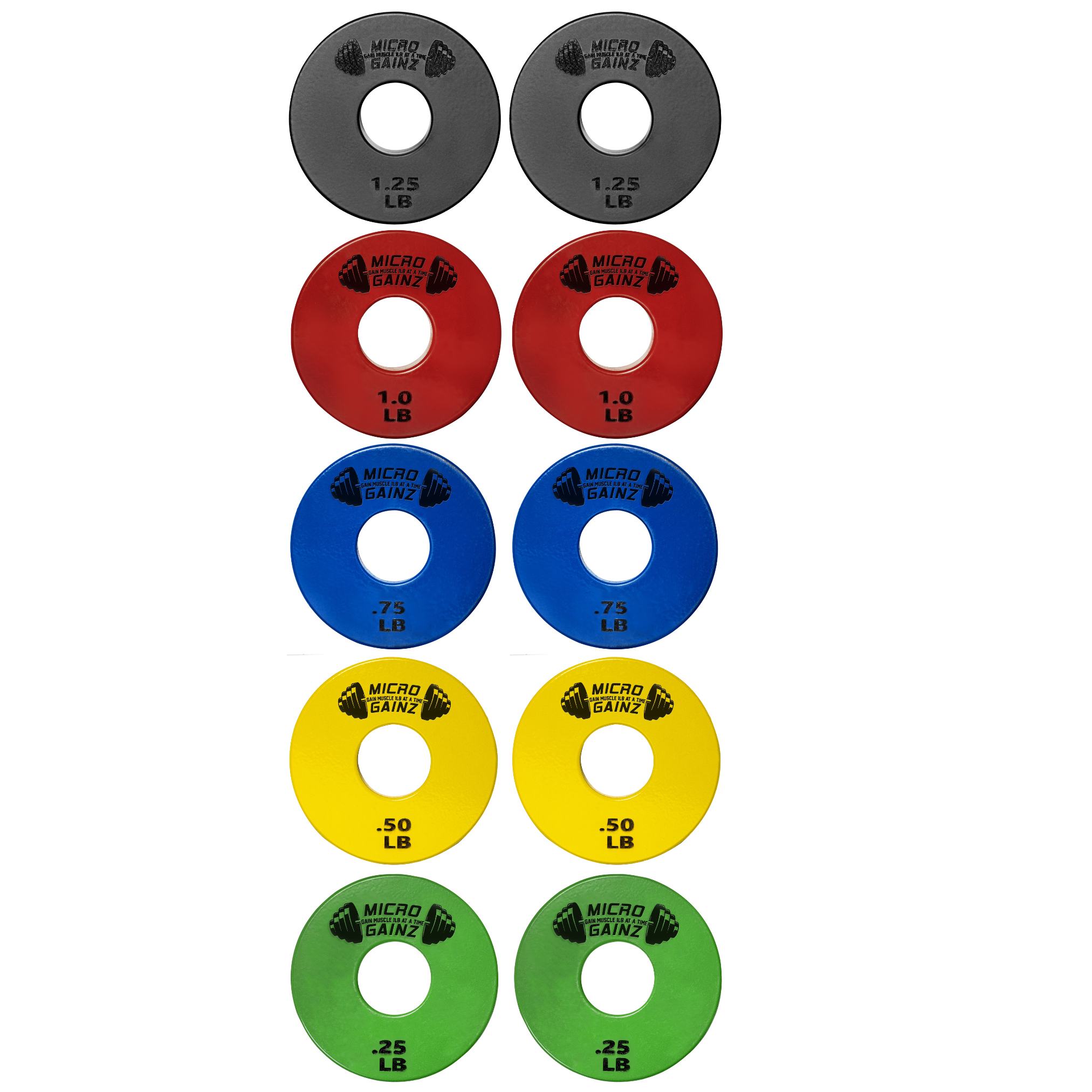 Micro Gainz Multi-Color Standard 1-Inch Center Hole Fractional Weight Plates Set of 10 Plates .25LB-1.25LB w/ Bag