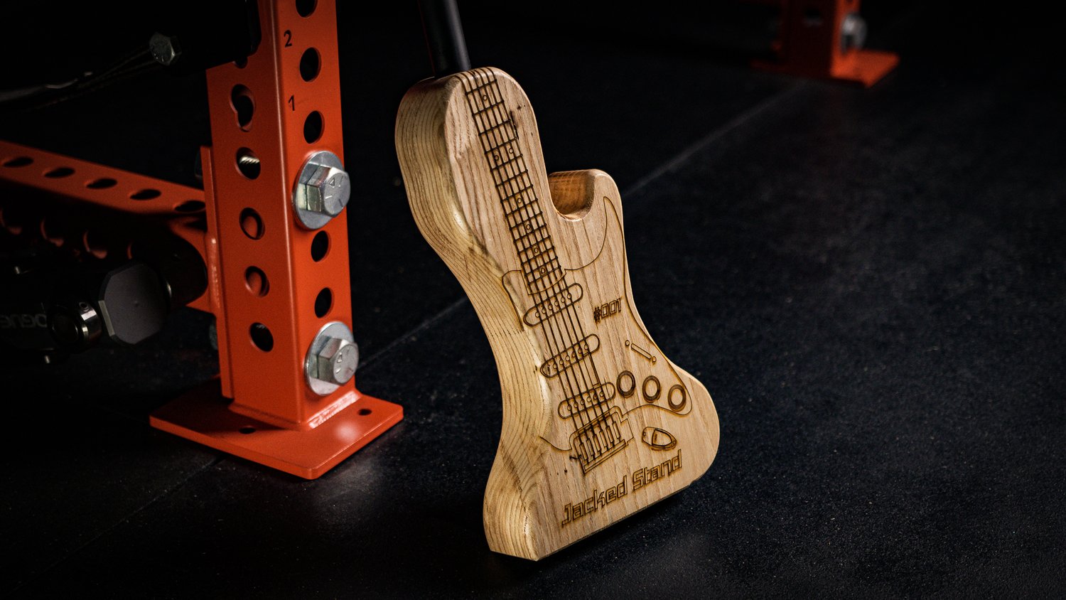 Guitar Themed Jacked Stand by Micro Gainz Wooden Deadlift Jack, Used for Olympic Barbells
