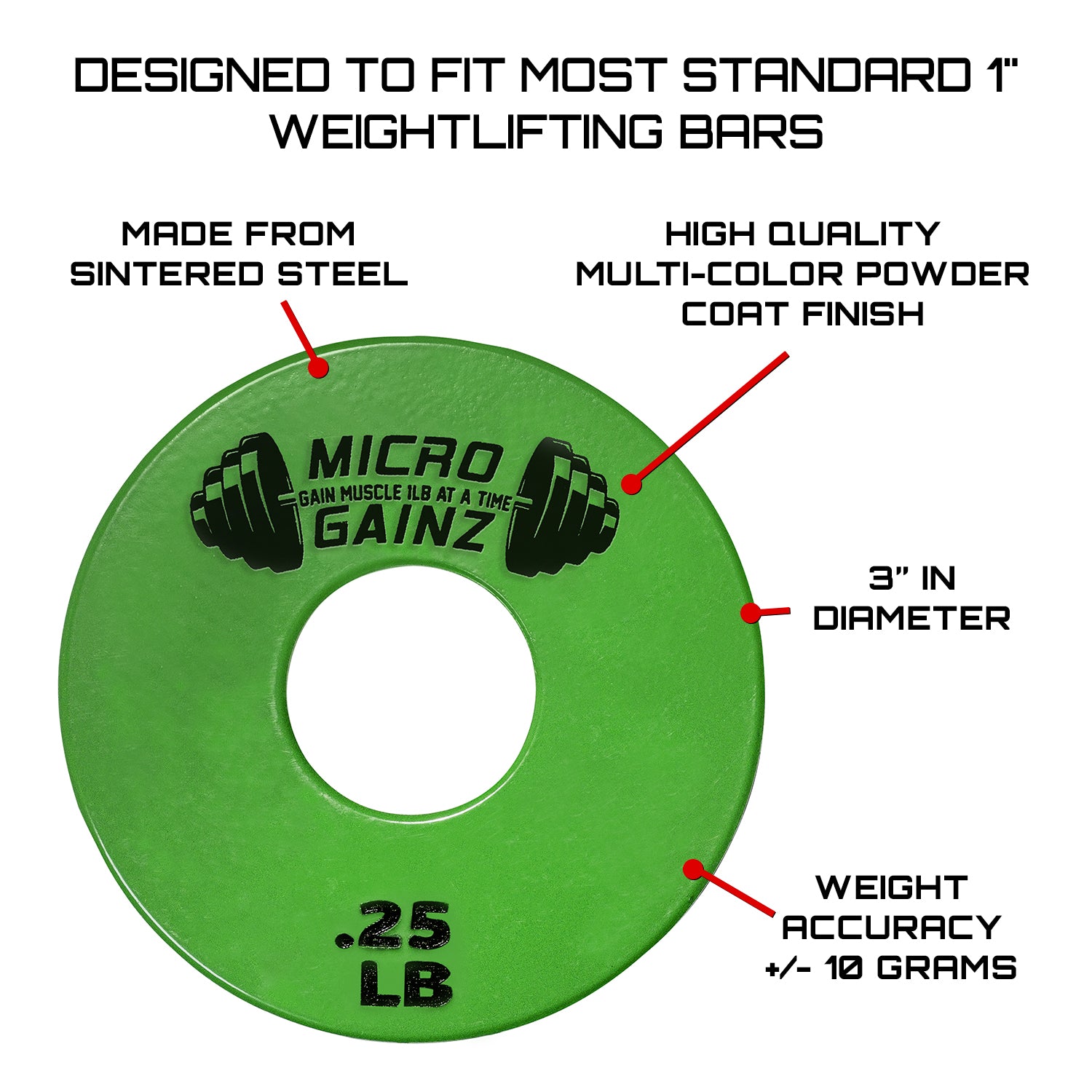 Micro Gainz Standard 1-Inch Center Hole Fractional Weight Plates Pair of Green .25LB Plates