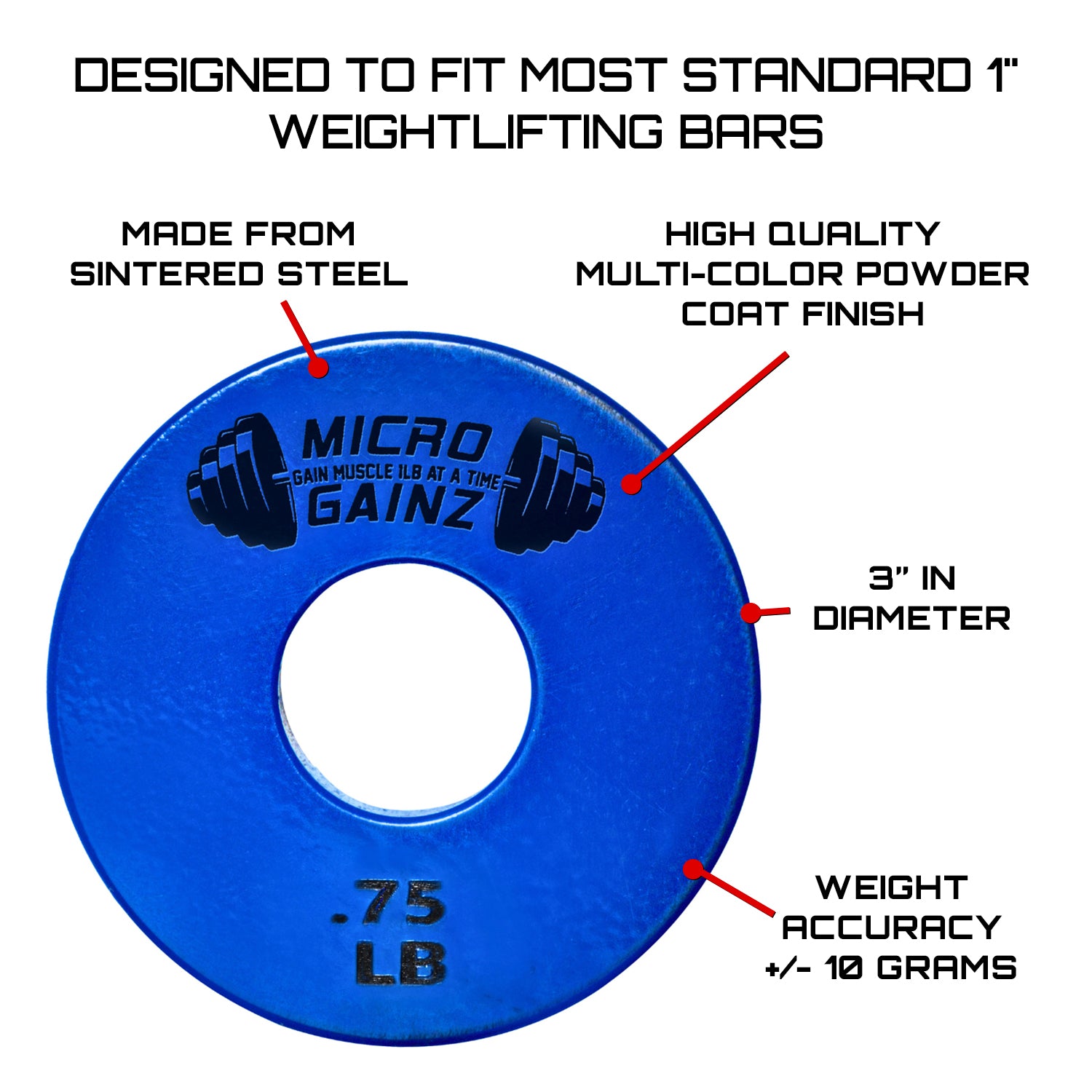Micro Gainz Standard 1-Inch Center Hole Fractional Weight Plates Pair of Blue .75LB Plates