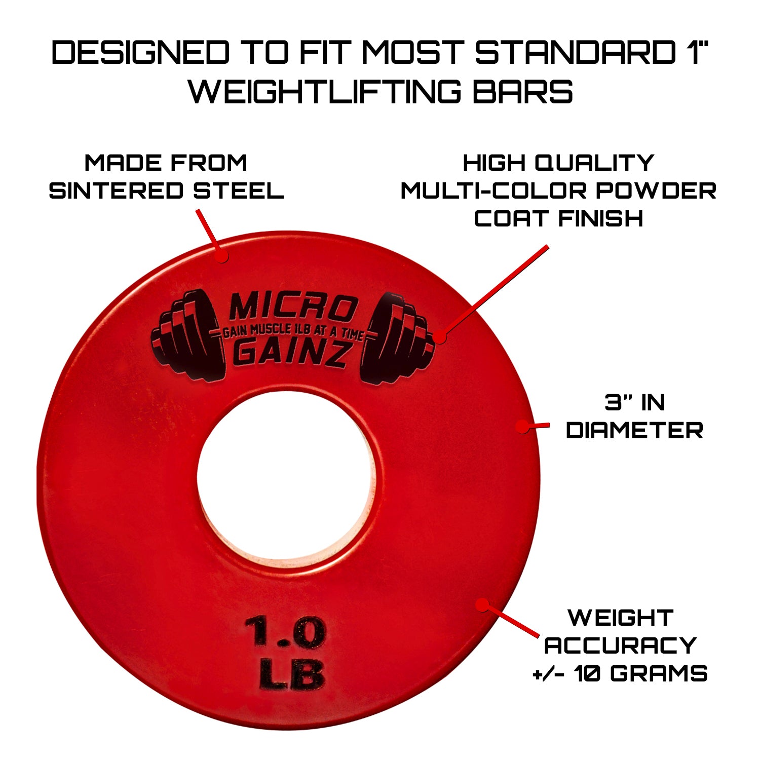 Micro Gainz Standard 1-Inch Center Hole Fractional Weight Plates Pair of Red 1LB Plates