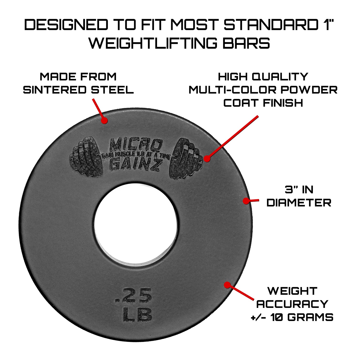 Micro Gainz Standard 1-Inch Center Hole Fractional Weight Plates Set of 8 Plates .25LB-1LB  w/ Bag