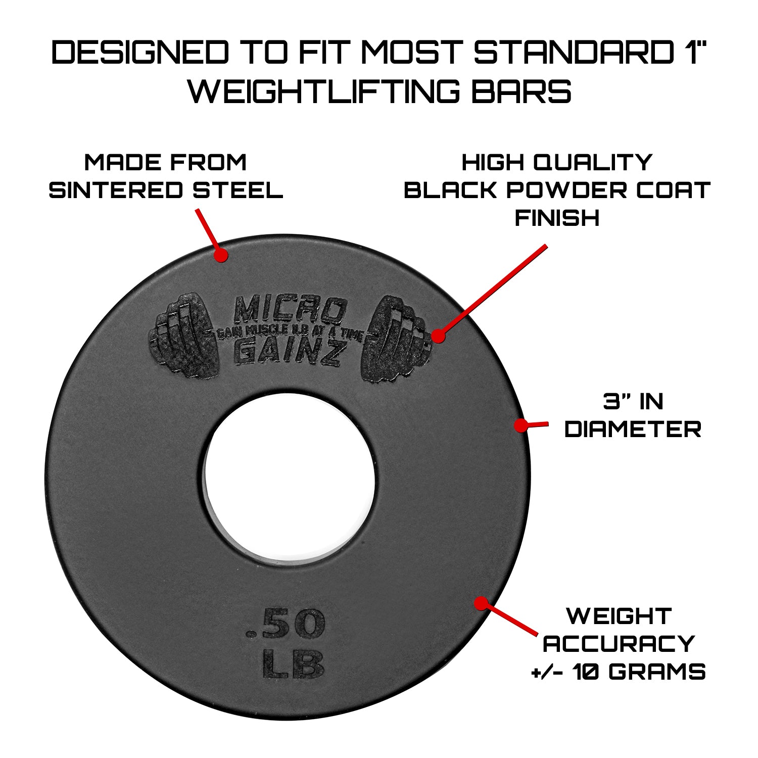 Micro Gainz Standard 1-Inch Center Hole Fractional Weight Plates Set of 8-.50LB Plates