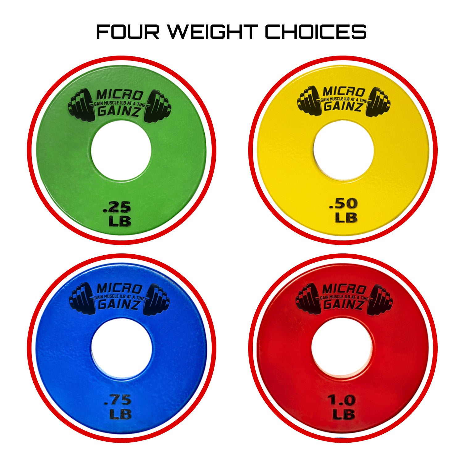 Micro Gainz Multi-Color Standard 1-Inch Center Hole Fractional Weight Plates Set of 8 Plates .25LB-1LB  w/ Bag