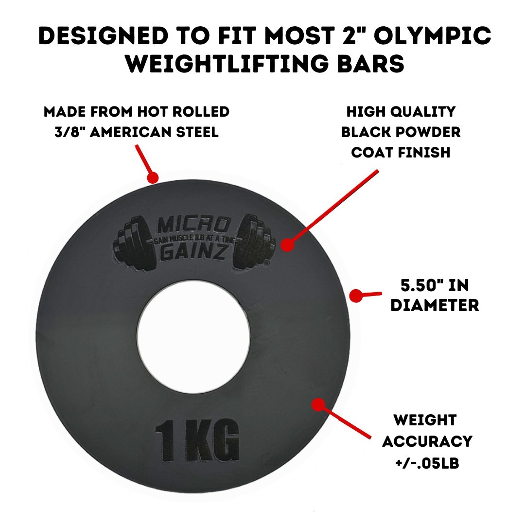 Micro Gainz Olympic Size Kilogram Fractional Steel Weight Plates 1 KG Plates: Set of 2