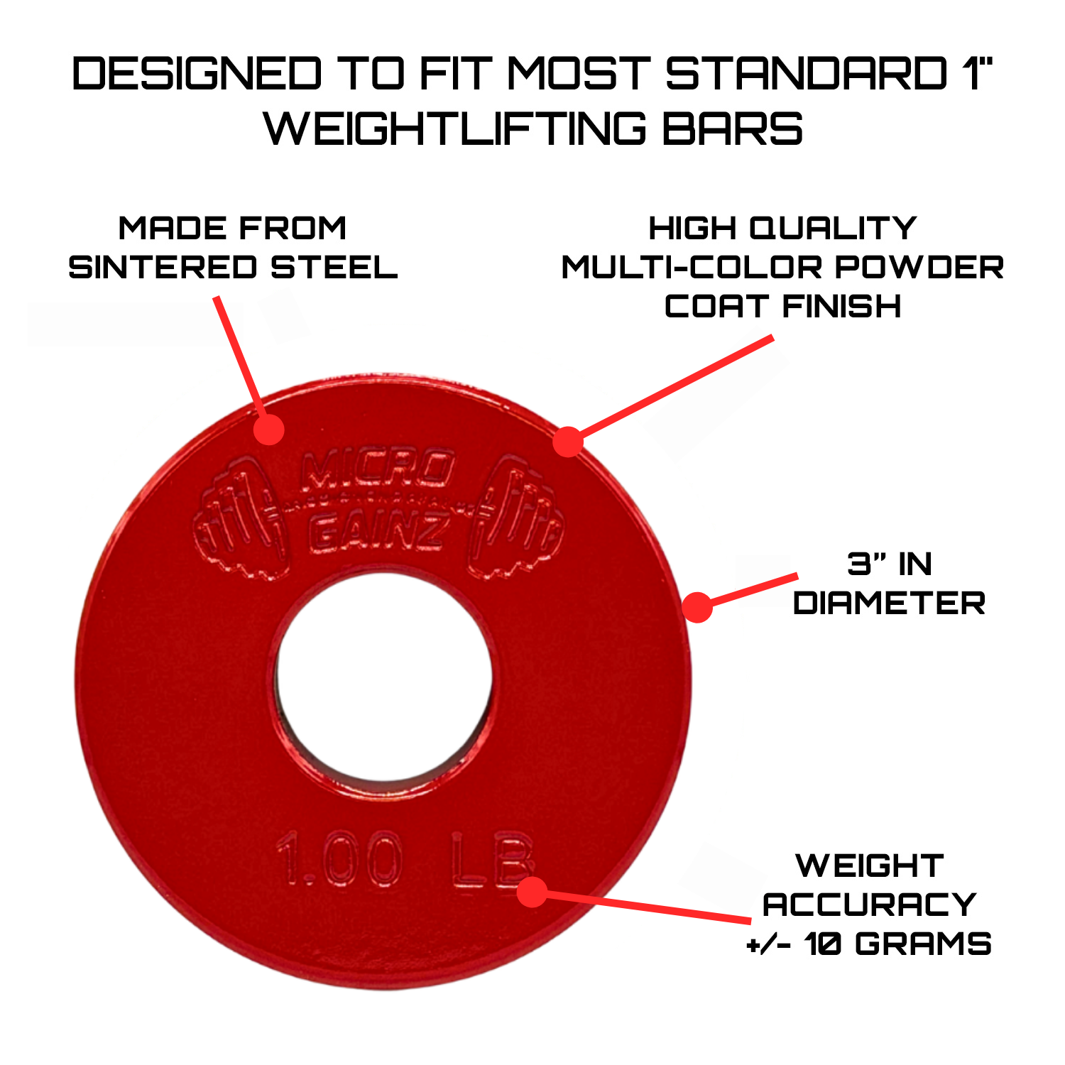 Micro Gainz Standard 1-Inch Center Hole Fractional Weight Plates Pair of Red 1LB Plates