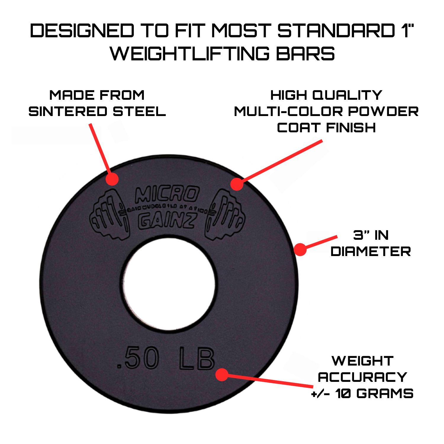 Micro Gainz Standard 1-Inch Center Hole Fractional Weight Plates Set of 8-.50LB Plates