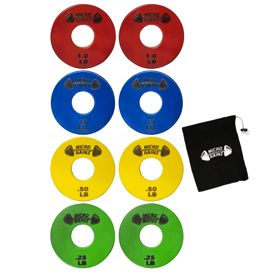 Micro Gainz Standard 1-Inch Center Hole Fractional Weight Plates Set of 8 Plates .25LB-1LB  w/ Bag