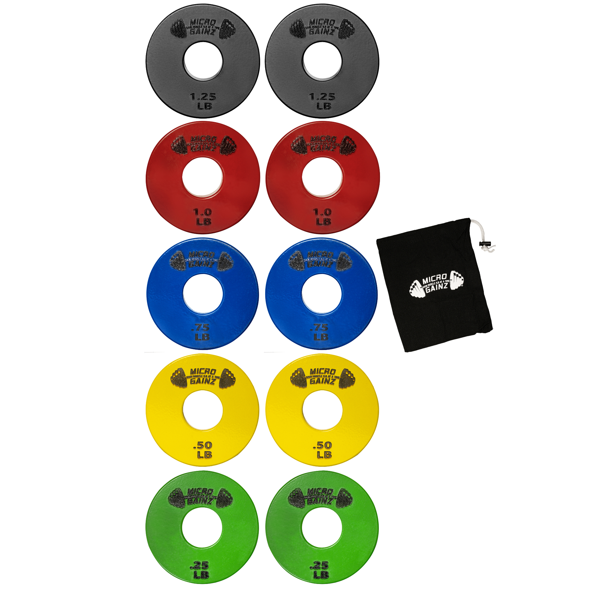 Micro Gainz Standard 1-Inch Center Hole Fractional Weight Plates Set of 10 Plates .25LB-1.25LB  w/ Bag