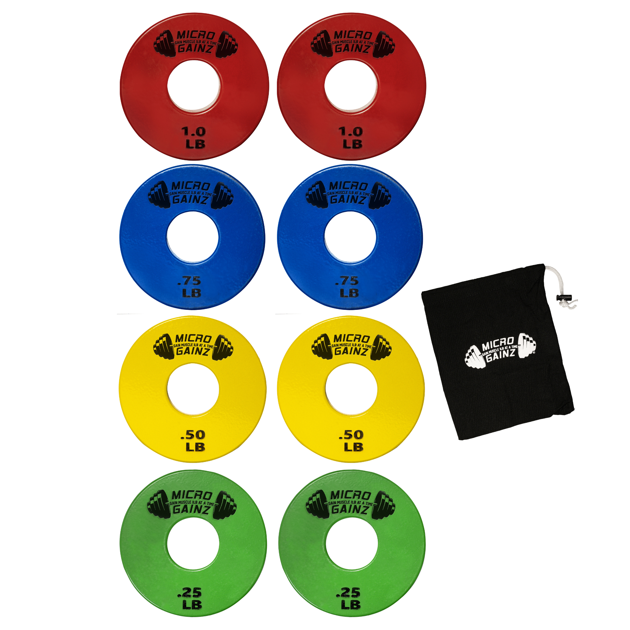 Micro Gainz Multi-Color Standard 1-Inch Center Hole Fractional Weight Plates Set of 8 Plates .25LB-1LB  w/ Bag