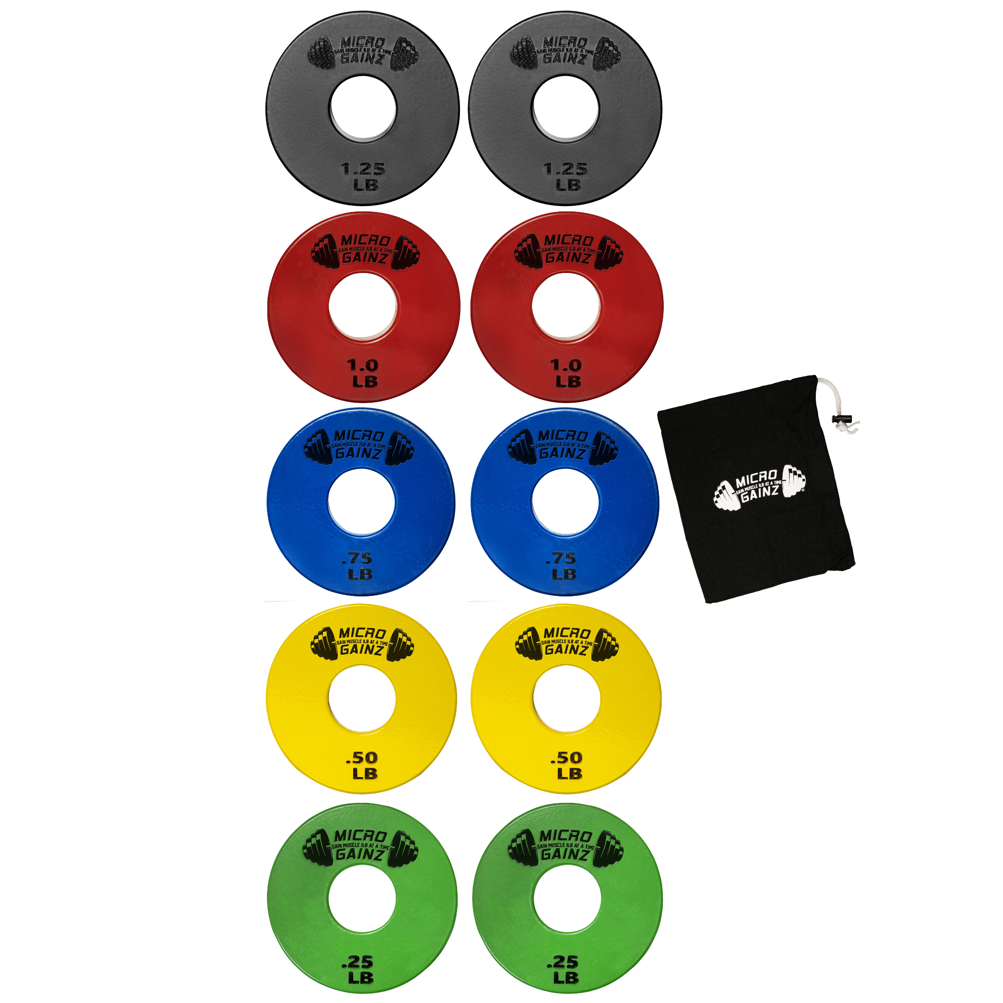 Micro Gainz Multi-Color Standard 1-Inch Center Hole Fractional Weight Plates Set of 10 Plates .25LB-1.25LB  w/ Bag